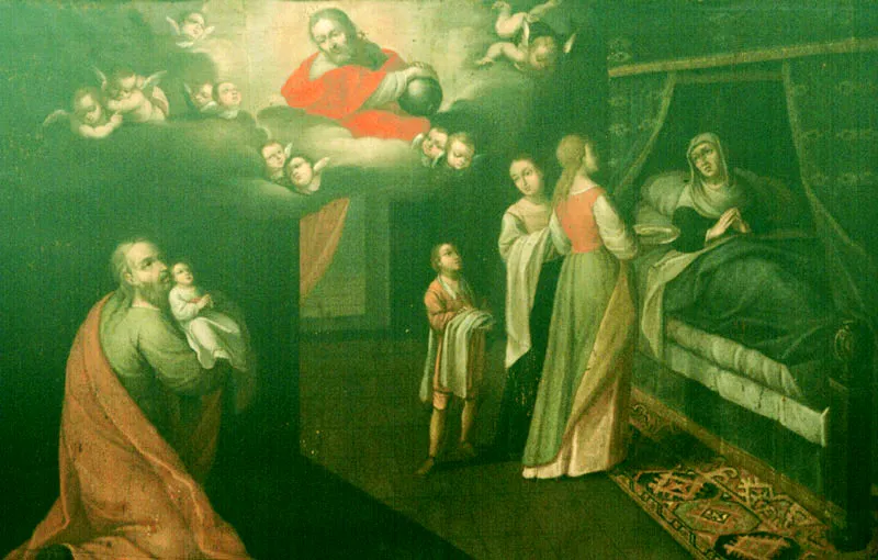 Nacimiento de la Virgen. (c. 17). Baltasar Vargas de Figueroa. 1,12 x 1,62. Igl. de San Ignacio, Bogotá.