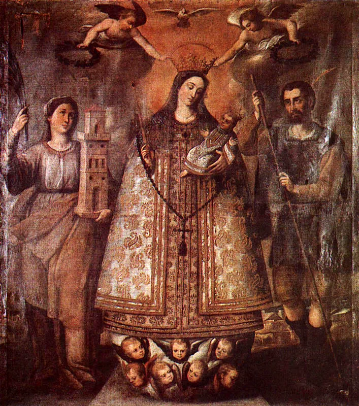 La Virgen del Rosario Coronada por los ngeles. (c. 56). Baltasar Vargas de Figueroa. 1,85 x 1,61. Igl. de Santa Clara, Bogot. 