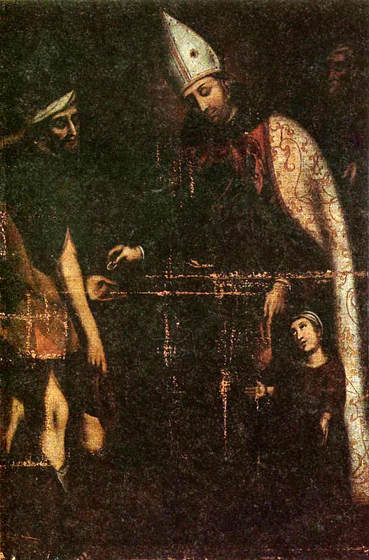 Santo Toms Villanueva repartiendo la limosna. (c. 101). Baltasar Vargas de Figueroa. 1,66 x 1,12. Igl. de San Francisco, Sacrista, Bogot. 