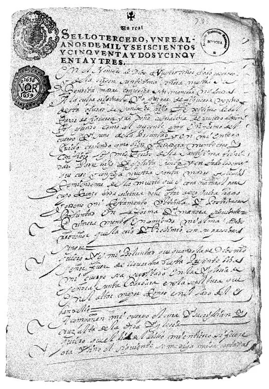 Primera pgina del testamento de Gaspar de Figueroa, otorgado el 12 de diciembre de 1658 y que se conserva en el Archivo Nacional. Notara Primera. Volumen 58, Folio 795 al 97, 1658. 