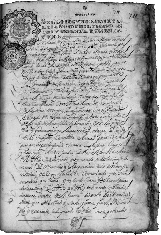 Primera pgina del poder para testar y el testamento de Baltasar Vargas de Figueroa, otorgados el 8 de marzo de 1667 y que se conserva en el Archivo Nacional. Notara Tercera, tomo 82, Volumen 58, Folios 711 al 715, 1667. 