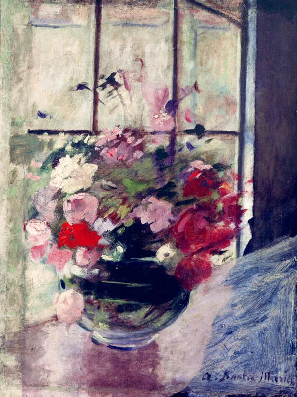 <b>Florero contra la Ventana.  1906</b>.  leo sobre lienzo.  0x60 x 0,40.  Firmado abajo a la derecha:  A. de Santa Mara.  Coleccin particular, Blgica.  