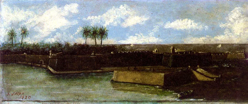 GENEROSO JASPE Murallas de Cartagena. 1920. Oleo sobre cartón. 19.5 x 48 cm. Colección particular, Bogotá.