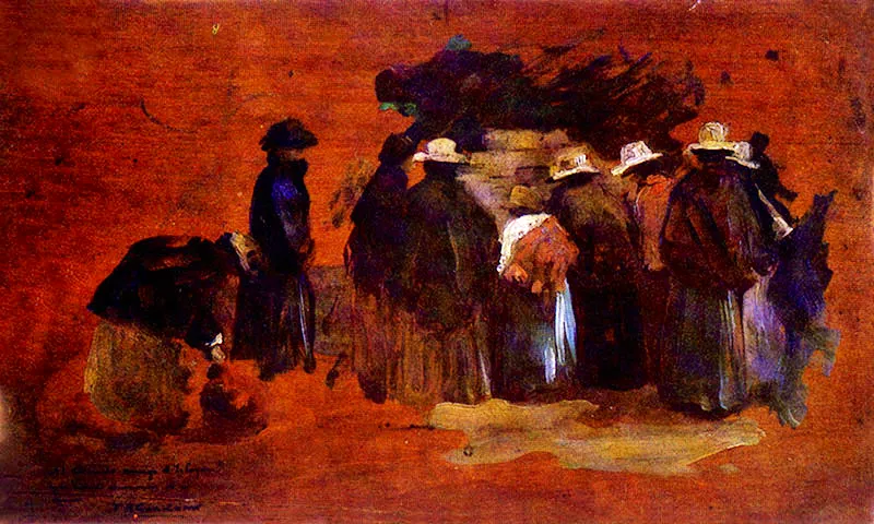 FIDOLO ALFONSO GONZALEZ CAMARGO
Aguadoras en el Chorro de Padilla. 1915c.
Oleo sobre madera. 21 x 34 cm.
Colección particular, Bogotá.