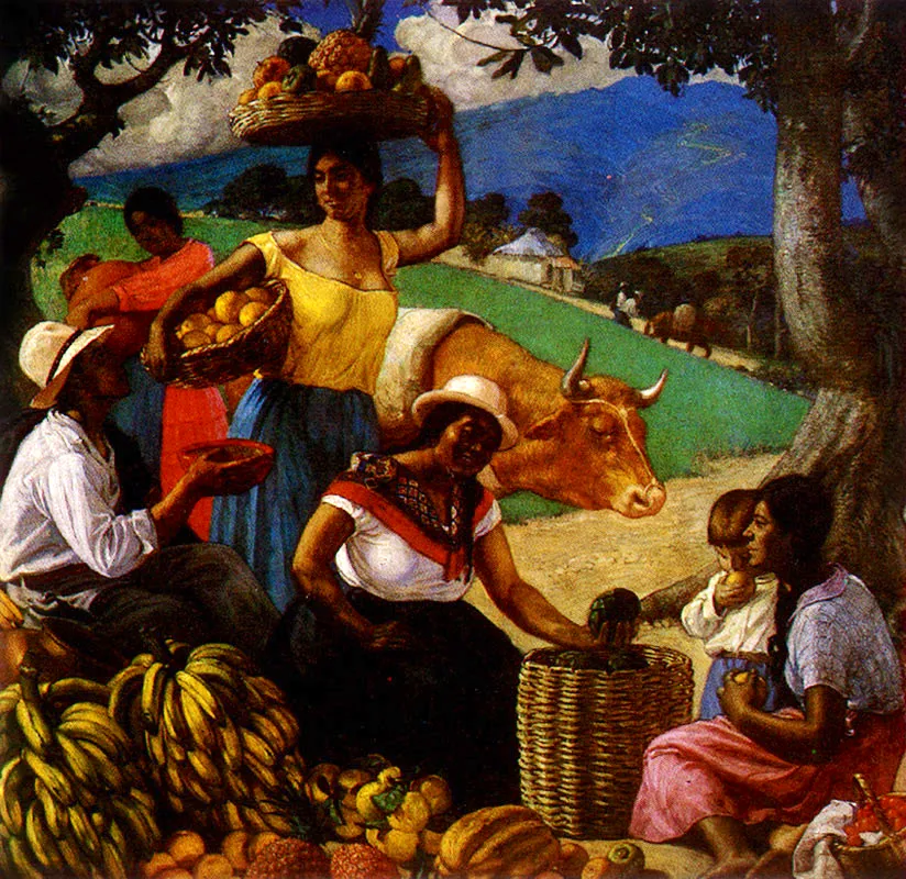 DOMINGO MORENO OTERO
Frutos de mi Tierra. 1940.
Oleo sobre lienzos. 19 7 x 205 cm.
Colección Museo Nacional, Bogotá.