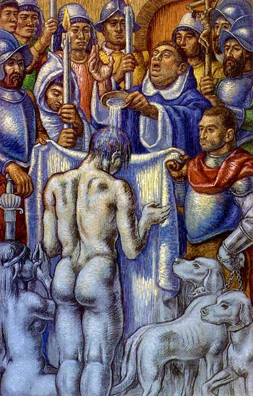 LUIS ALBERTO ACUÑA
Bautismo de Aquiminzaque II. 1963.
Oleo sobre madera. 200 x 121 cm.
Préstamo al Museo Nacional, Bogotá.