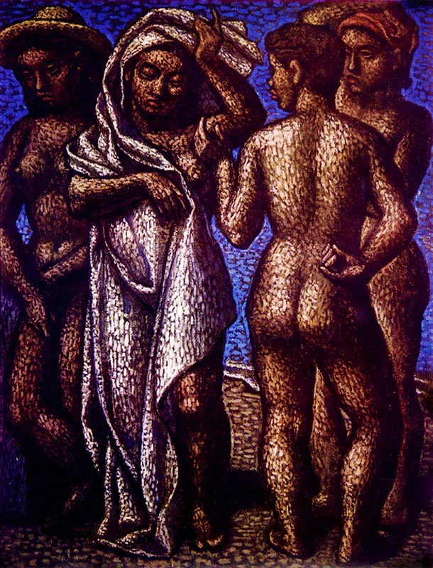 LUIS ALBERTO ACUA
Mujeres junto al Mar. 1960.
Oleo sobre yute. 89 x 69.5. cm.
Coleccin Museo de Arte Modeno de Bogot.
 