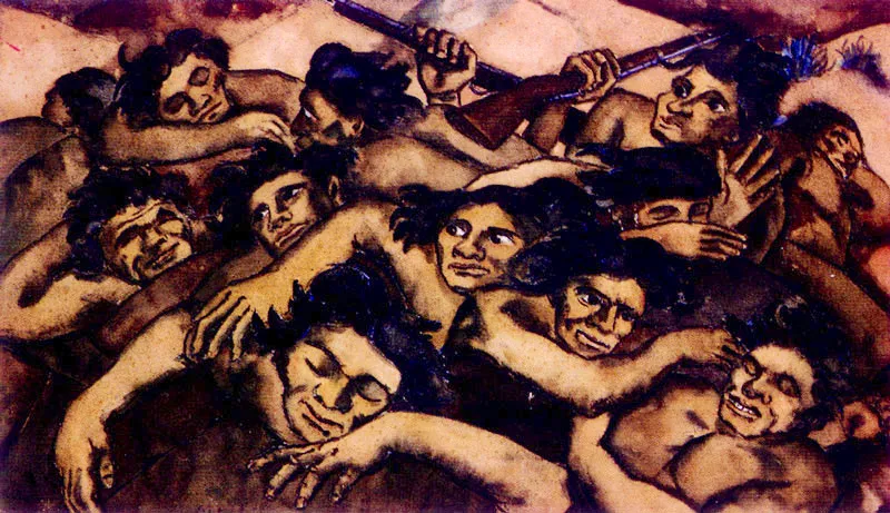 PEDRO NEL GOMEZ
Los Guerreros Boyacenses se Despiertan. 1948.
Acuarela sobre papel. 48 x 78 cm.
Coleccin Casa Museo Pedro Nel Gmez, Medelln. 