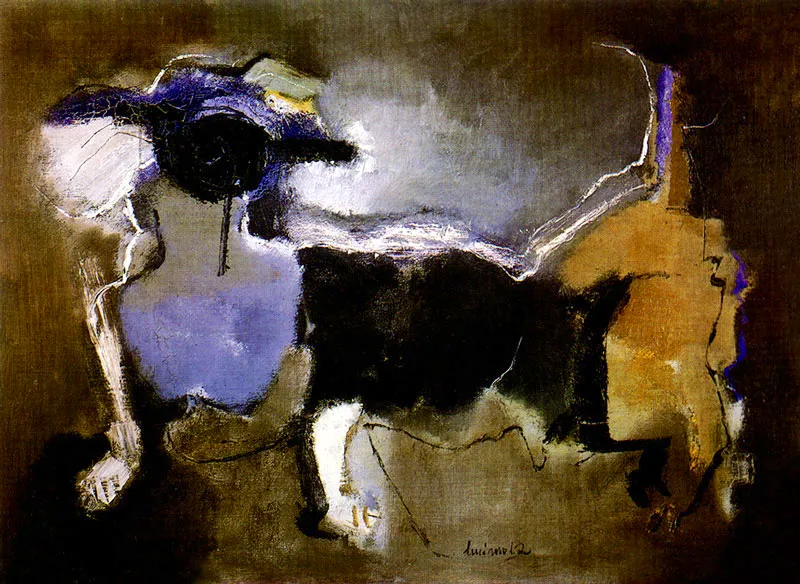 LUCIANO JARAMILLO
Pecas, un Animal Extraño, casi una Esfinge. 1962.
Oleo sobre yute. 98 x 135.5 cm.
Colección Museo de Arte Moderno de Bogotá.