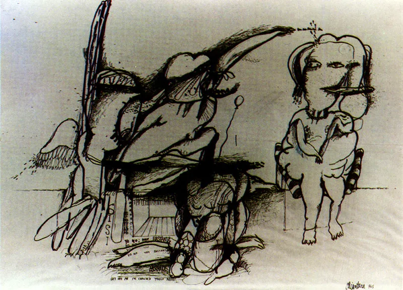 PEDRO ALCANTARA
Si Quiero, yo no, Bastante. 1965.
Tinto sobre papel. 49.5 x 68.5 cm.
Coleccián Museo de Arte Moderno de Bogotá.