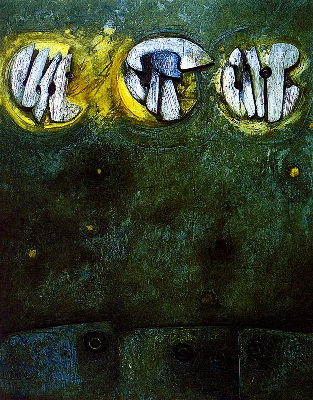 DAVID MANZUR
Fases de la Luna. 1966.
Ensamblaje, leo y colloge sobre madera. 200 x 160 cm.
Coleccin Museo de Arte Contemporneo Minuto de Dios, Bogot. 