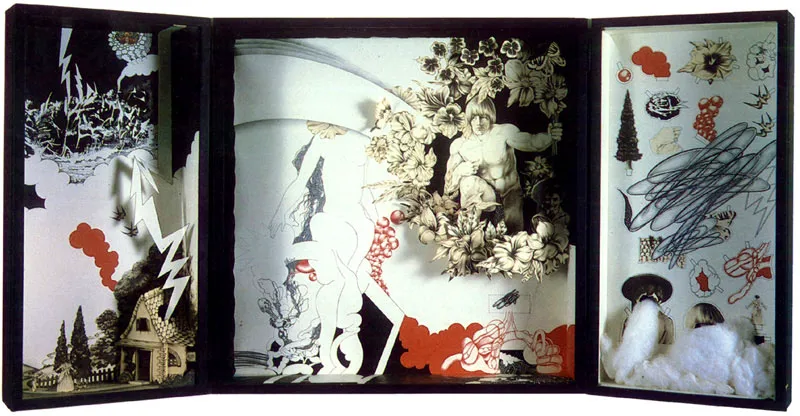 ALVARO BARRIOS
Tarjeta-estuche en Memoria de Brian Jones. 1970.
Lapíz y tinta sobre papel, terciopelo y algodón.
70 x 141 x 11 cm.
Colección Museo de Arte Moderno de Bogotá.