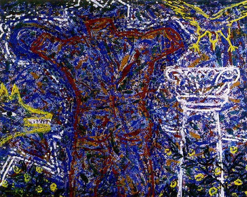 RAFAEL PANISSA
Mirando Atrás. 1985.
Acrílico sobre papel periódico. 94 x 122.5 cm.
Colección Museo de Arte Moderno de Bogotá.