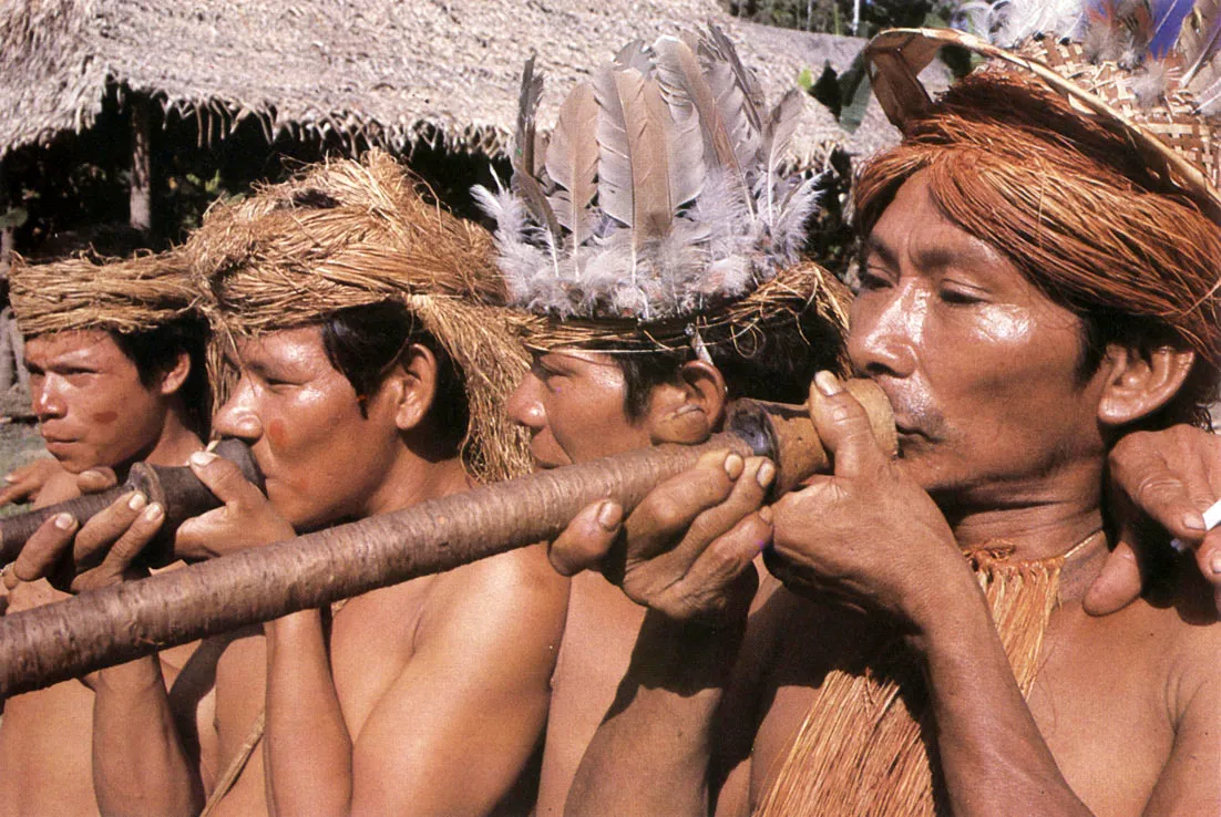 Indígenas Yagua, M Perú Ciertas etnias del área amazónica, como ésta, viven la tragedia del desarraigo de sus tierras ancestrales, así como la de la negación de su identidad, al ser convertidos en actores de una representación de concepciones y estereotipos occidentales para la satisfacción de corrientes turísticas.
Grupos Yagua residen también actual mente en el Trapecio Amazónico colombiano, a donde fueron trasladados desde el Perú.