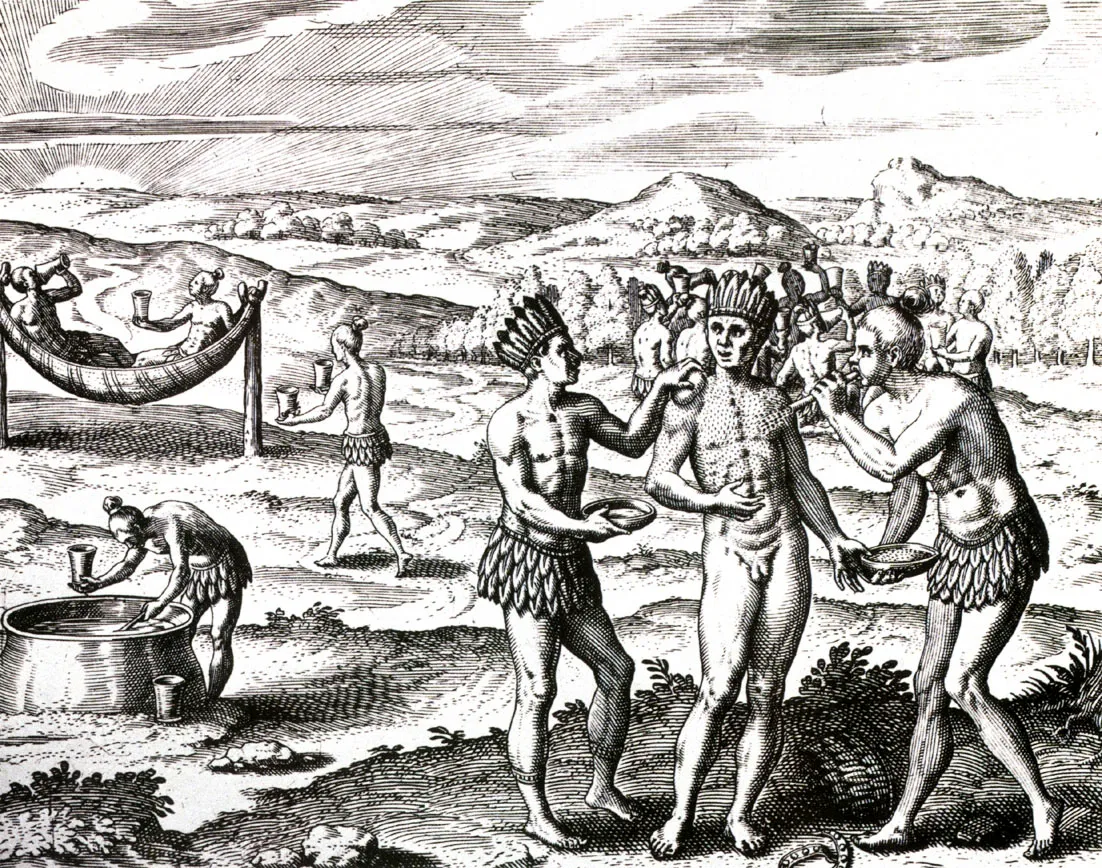 Una de las clsicas imgenes de la leyenda de El Dorado, segn los relatos de conquistadores y cronistas. Grabado realizado por Theodor de Bry pubIicado por primera vez en Historia Amrica e (Frankfurt, 1590).
 