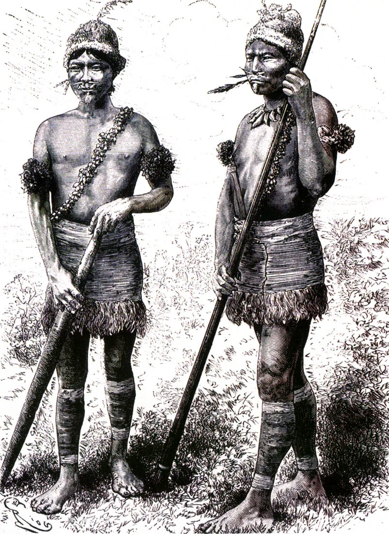 Indios carijonas con los atuendos propios de su grupo tnico, que an con sermaban en el siglo XIX. 