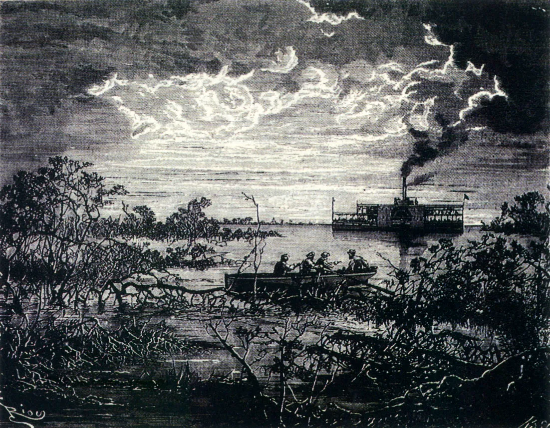 Navegacin en barco de vapor por el ro Putumayo (Ica) hacia finales del decenio de 1870. El fomento de este sistema de transporte en la regin, a partir de 1850, estimul la actividad de los comerciantes, as como la trata de esclavos indgenas de reas colombianas hacia sectores del ro Amazonas. 