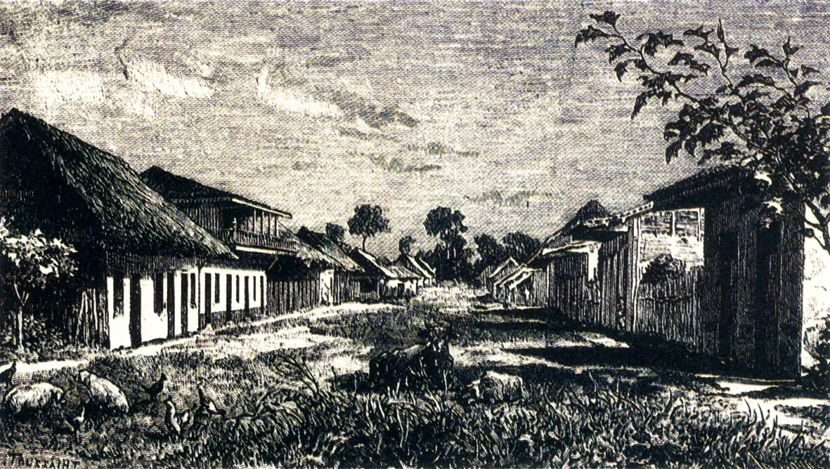 Una calle de Iquitos en la segunda mitad del siglo XIX. La modesta y primaria vida de villorrio que deja adivinar esta ilustracin, dara paso, con el auge de la explotacin cauchera en la regin amaznica ?que adquiere especial dinmica al iniciarse el siglo XX? a un centro de poderosa actividad empresarial y econmica, desde donde se influa e intrigaba sobre decisiones Polticas del Per. Fue la sede de la temible y legendaria Casa Arana Hermanos, fundada en 1903. 