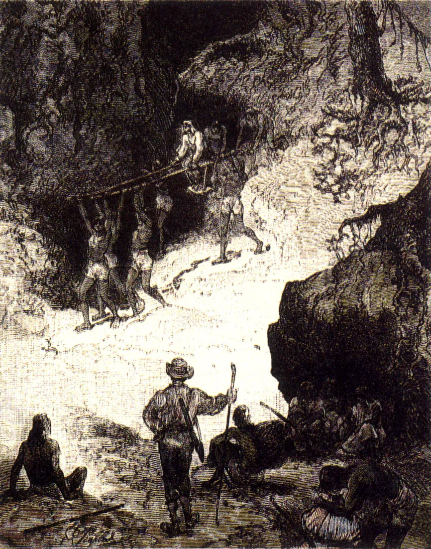 Viaje en angarillas cerca de la aldea de Napo". La utilización de la fuerza de trabajo indígena al arbitrio del blanco en las áreas amazónicas, no había estado ausente de la historia en los tiempos previos al ciclo del caucho.