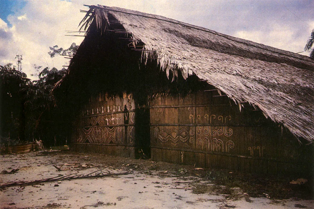 Maloca Taiwano. del ro Pliaparan. abandonada. Los indgenas amaznicos habitan en estas vviendas multifamiliares nicamente por perodos cercanos a los diez aos. Obsrvense las Pinturas de la parte frontal Estos motivos o dibujos son ???vistos?y codificados por los indgenas durante la toma de( yag.
 