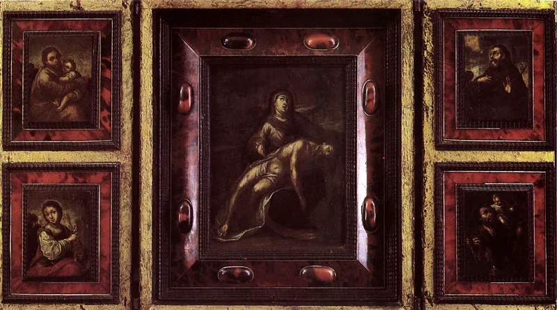Arqueta con cinco pinturas (Piedad y Cuatro Santos) (C. 290). 1696. 0-x22 X 0.17. Prop. part., Bogotá.
