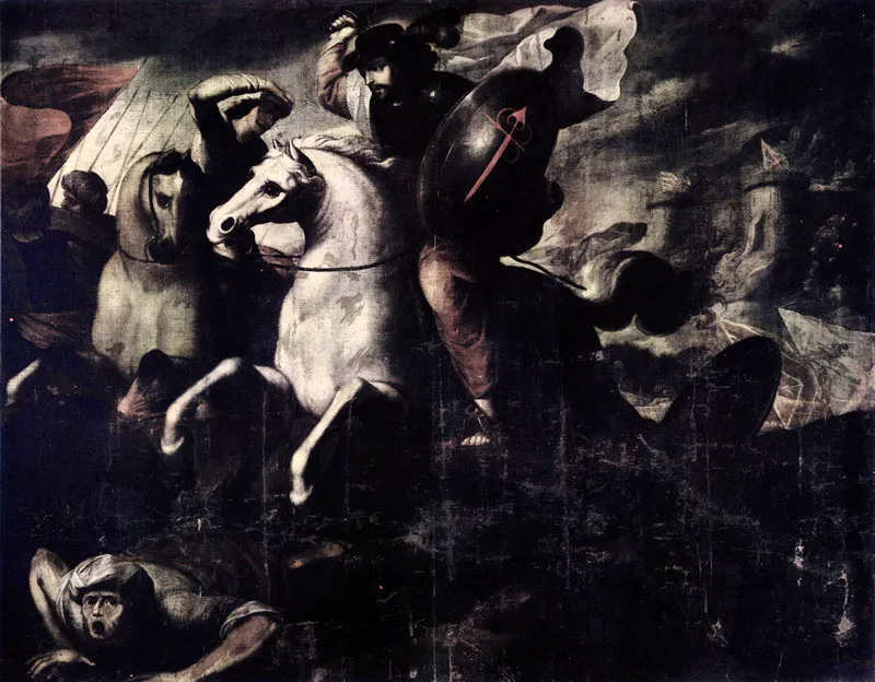 El Apóstol Santiago auxilia a los cristianos en la Batalla de Clavijo. (C. 12). 1.73 X 2.19. Cap. del Sagrario, Bogotá.