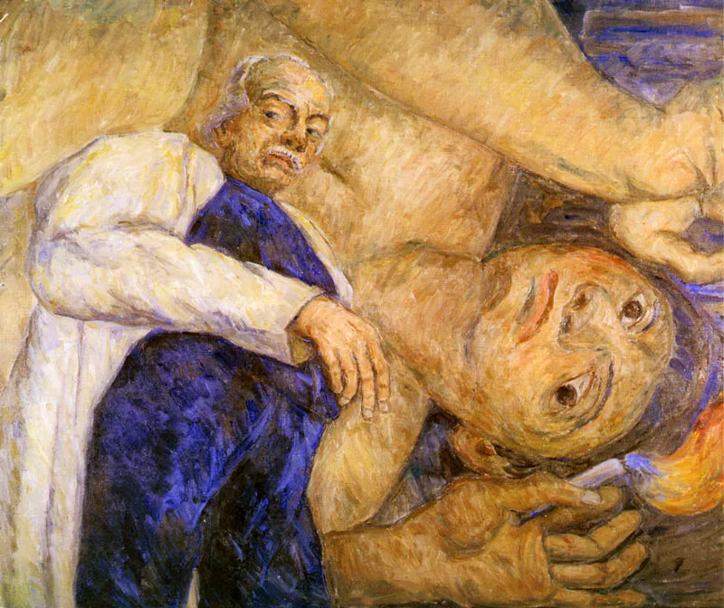 Autorretrato en el momento de la ejecución de la cúpula de la facultad de minas. Óleo. 1981