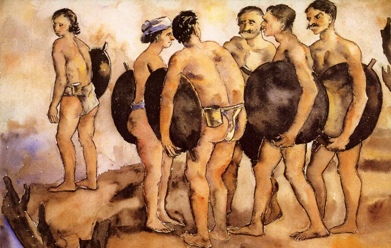 Reunión de barequeros (Personajes de izquierda a derecha: Tulio Ospina, Esteban Álvarez, Efe Gómez). Acuarela. 1946