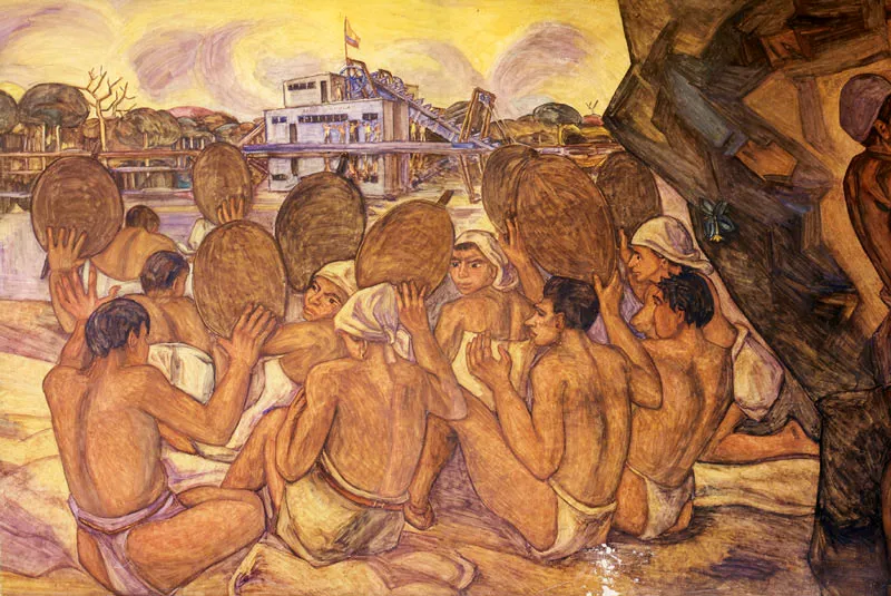 Barequeras y barequeros frente a la draga nacional. Detalle fresco del Banco Popular de Medellín). 1962