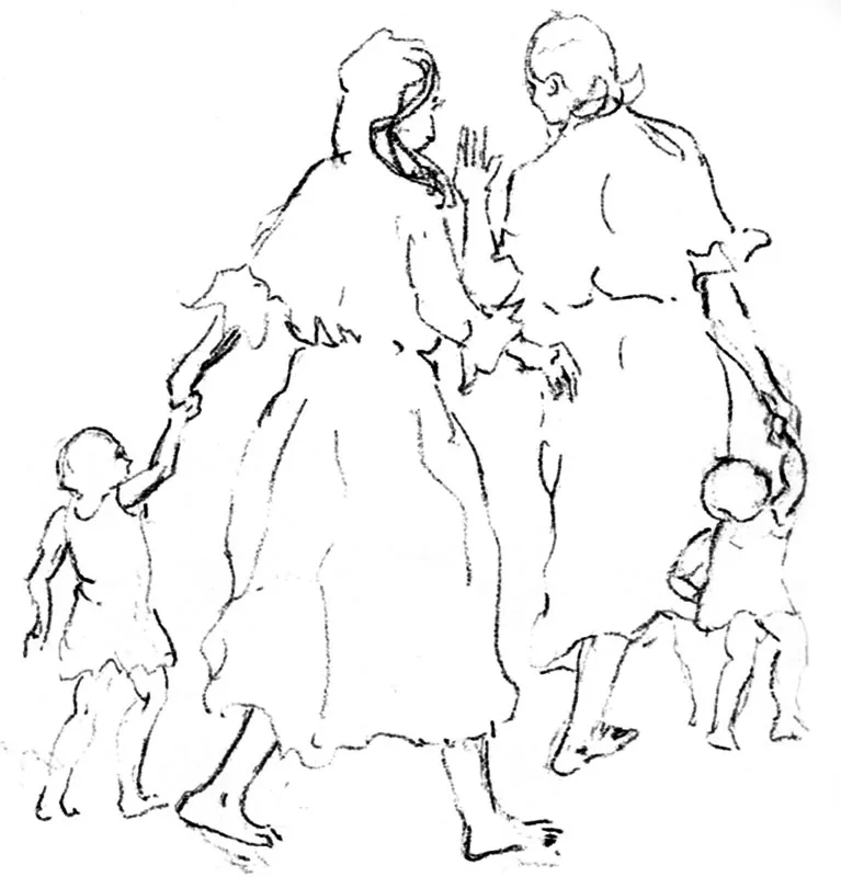 Maternidad en la calle. Dibujo a lápiz