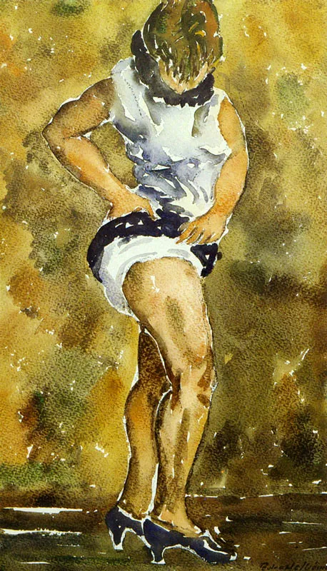 Dama que arregla sus medias (Proyecto para fresco ya ejecutado). Acuarela. 1974