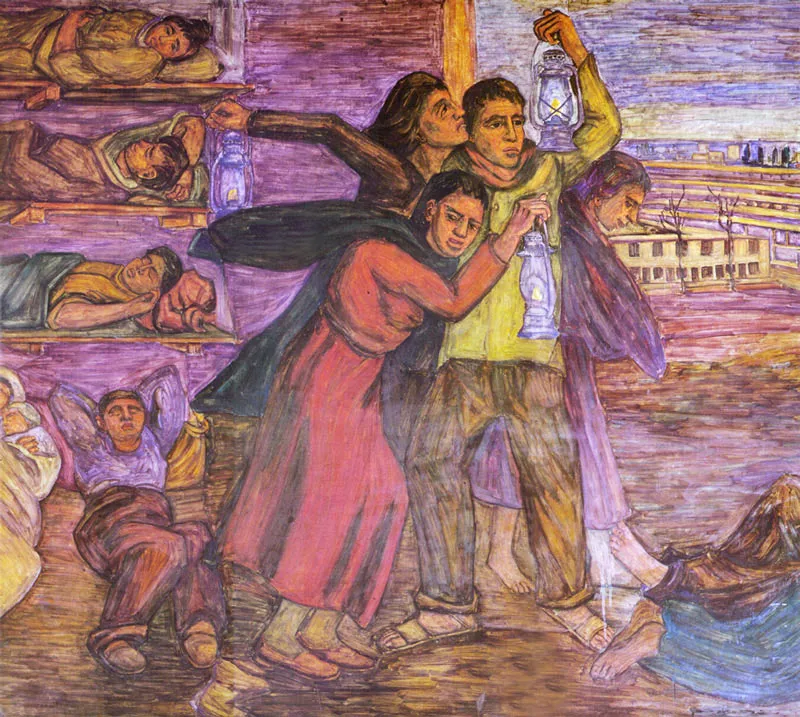 Emigracin de la ciudad al campo. Fresco I.C.T. (detalle). 1965 