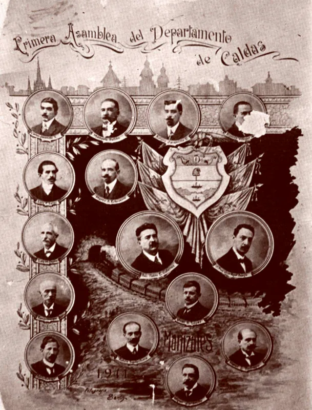 Primera Asamblea del Departamento de Caldas, 1911.  De izquierda a derecha:  Carlos Jaramillo I., Mamerto Patio, Arturo Jaramillo G., Alfonso Villegas A.., Luis F. Salas, Marco A. Echeverri, Luis M. Ospina, presidente Pablo E. Gutirrez, vice-presidente Jos Miguel Arango, Manuel Velsquez, Juan B. Lpez, Adolfo Buitrago, Rubn Santacoloma, Miguel Jaramillo y Manuel J. Buitrago.  