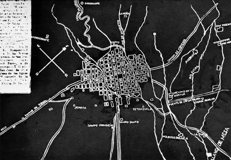 Plano de Santaf de Bogot en tiempos de la Colonia, donde tambin se representan los principales caminos de acceso. 