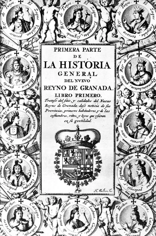 Portada de la primera parte de la historia General del Nuevo Reino de Granada. En los medallones aparecen las figuras de diferentes caudillos indgenas. 