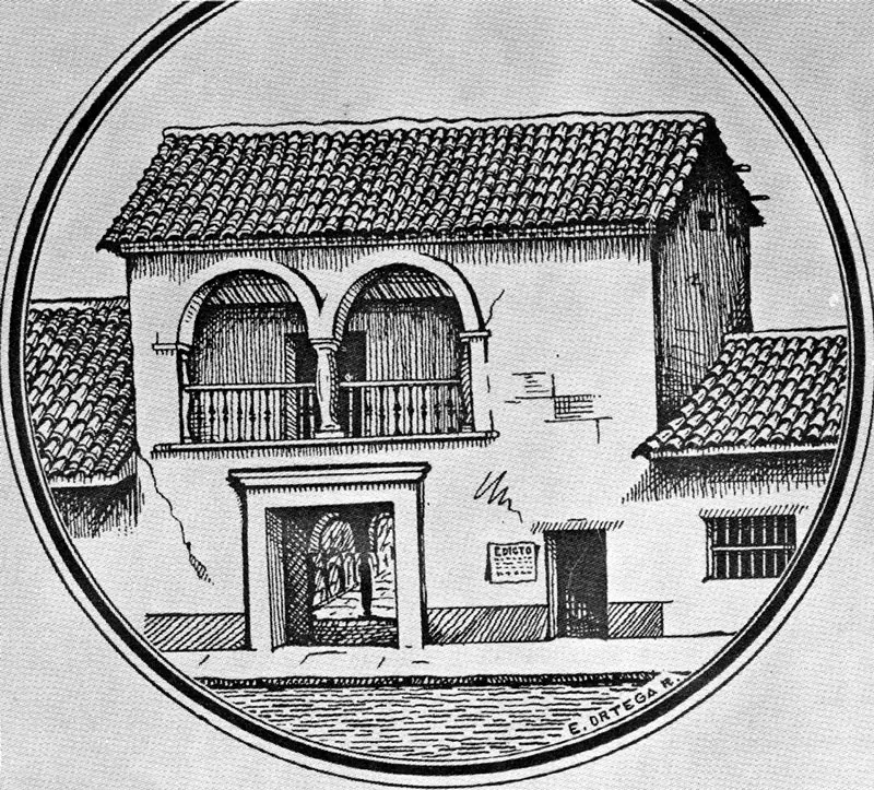 Dibujo de la Casa Consistorial o Cabildo, realizado por E. Ortega y tomado del Album del Sesquicentenario.  