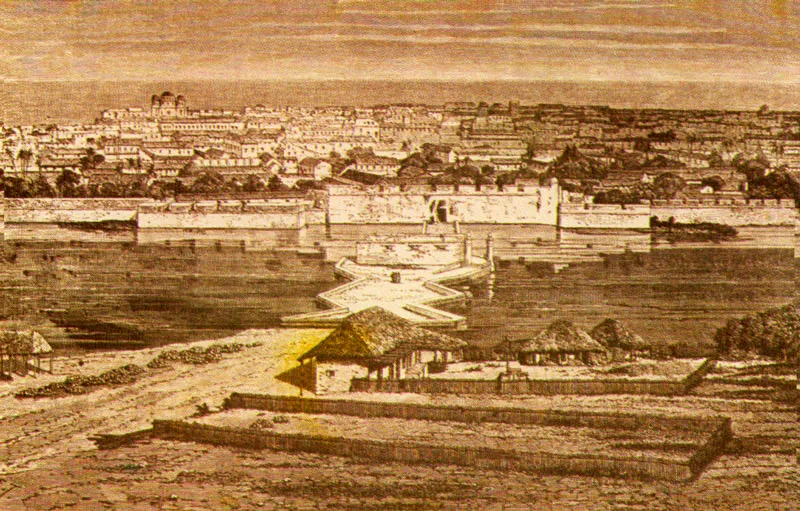ANONIMO. Vista de Cartagena desde El Cerro de San Lázaro Xilografía basada en fotografía, realizada por E. Therond para ilustrar La Tour du Monde. "Voyage a la Nouvelle Grenade" Charles Saffray. París, 1869.
