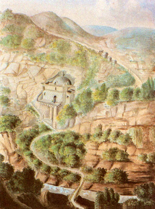 MANUEL MARIA PAZ. Santuario de Las Lajas. Provincia de Pasto. 1853. Aguada sobre papel. 32.0 X 25.5 cm. Colección Biblioteca Nacional, Bogotá.