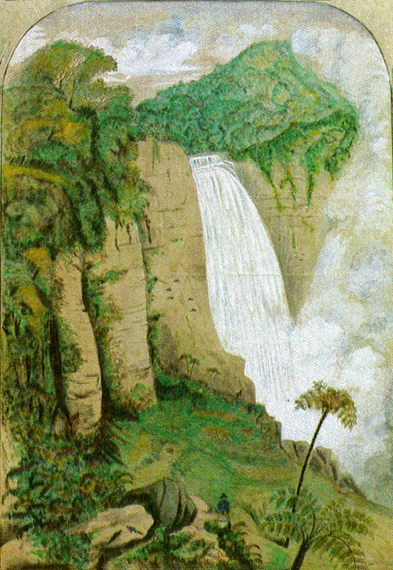 MANUEL MARIA PAZ. Salto de Tequendama, Provincia de Bogotá, 1855. Aguada sobre papel. 31 x 22.5 cm. Colección Biblioteca Nacional, Bogotá.