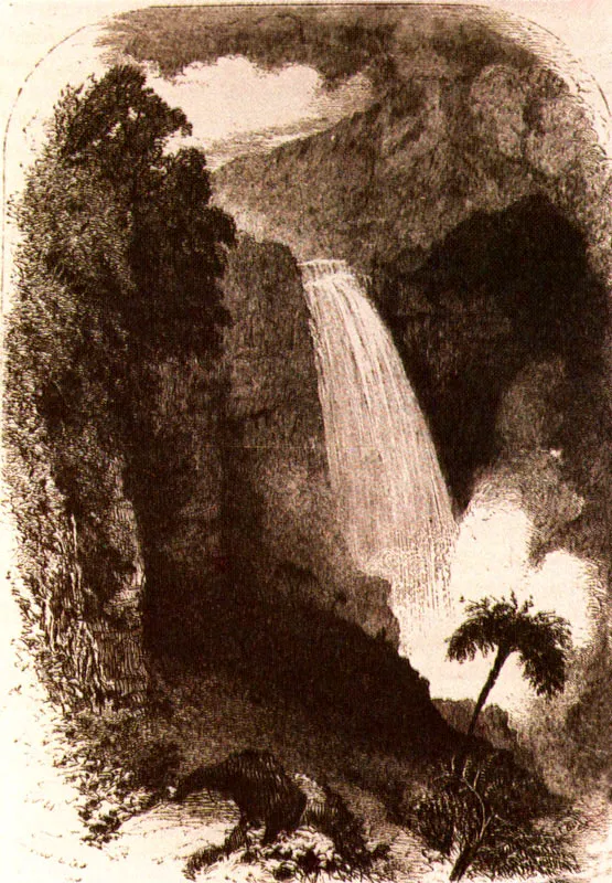 THWAITES. 
Salto de Tequendama.
Grabado publicado en "La Nueva Granada:
veinte meses de los Ancles".
Isaac F. Holton, New York, Harper & Brothers, 1857
Tomado de una fotografa de Georege Crowther. 