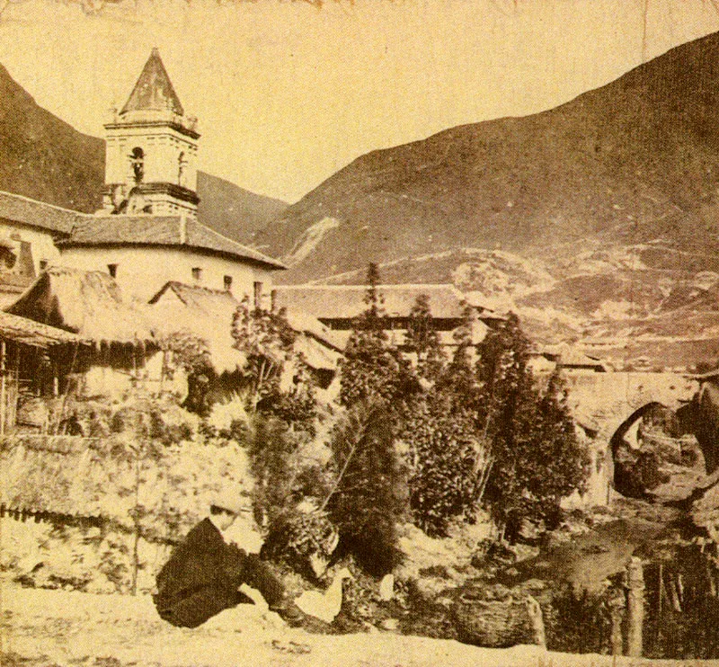 ANONIMO.
Vista del río Son Francisco. Bogotá.
1860c.
Copia en albúmina para aparato
estereocópico, reproducida
parcialmente. 6.5 x 6.9 cm.
Colección Academia Colombiana de
Historia, Bogotá.