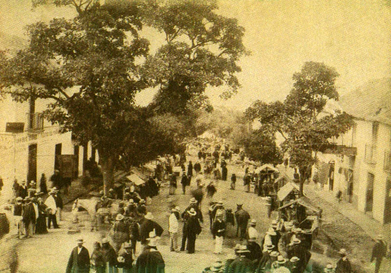 JULIO RACINES. Calle principal de la Mesa (Cund.). 1884c. Copia en albúmina posteriormente transladada a xilografía para ser publicada en el Papel Periódico Ilustrado. 15.7 x 23.1 cm. Propiedad de, Jorge Langlais, Bogotá.