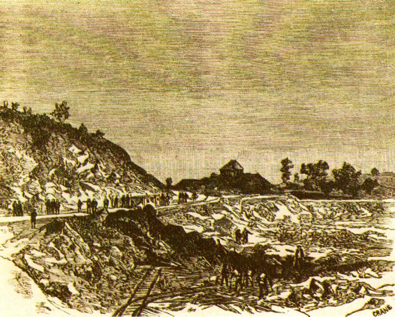ANONIMO.
Obras de cortadura del Canal de
Panamá. 1883c.
Xilografía basada en fotografía,
realizado por Jorge Crane y
publicada en el Papel Periódico
Ilustrado. Año III No. 56, enero 10. de
1884.