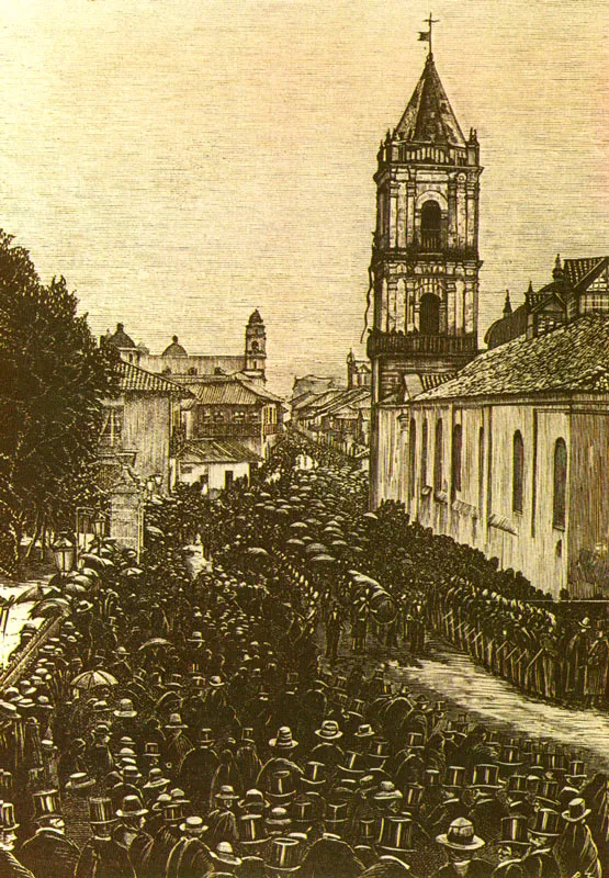 RACINES& VILLAVECES.
Funerales del Doctor Zaldúa.
Bogotá. 1882c.
Xilografía basada en fotografía,
realizado por Antonio Rodríguez y
publicado en el Papel Periódico
Ilustrado, Año II No. 32, diciembre
31 de 1882.