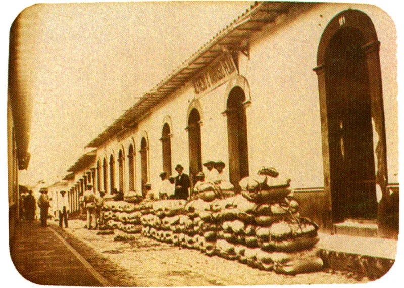 QUINTILIO GAVASSA. 
 Cargas de caf recin llegadas a la
 ciudad. Bucaramanga. 1890.
 Copia reciente de negativo gelatina
 vidrio. Propiedad particular,
 Bucaramanga. 