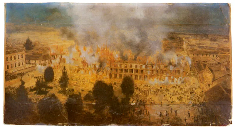 HENRI DUPERLY.
Incendio de Las Galerías. Bogotá, 1900
Oleo sobre copia en albúmina. 28,3 x 52.9 cm.
Colección Museo 20 de Julio, Bogotá.