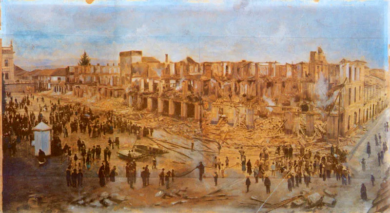 HENRI DUPERLY.
Ruinas de Las Galerías. Bogotá, 1900.
Oleo sobre copia en albúmina. 30.8 x 56.8 cm.
Colección Museo 20 de Julio, Bogotá.