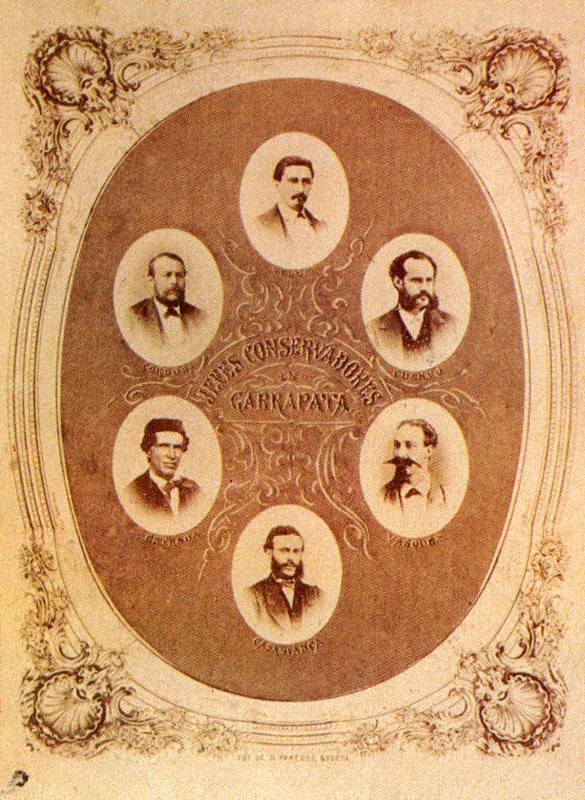 DEMETRIO PAREDES. Mosaico de jefes conservadores en Garrapata. Bogotá, 1876. Copia en. albúmina. 7.5 x 5.4 cm. Propiedad Félix Tisnés, Bogotá.