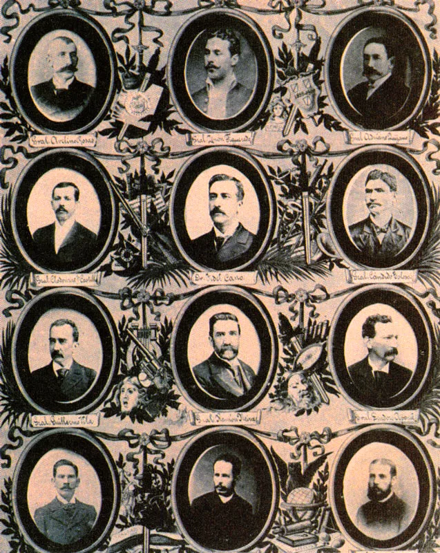 ANONIMO.
Mosaico de generales participantes
en la guerra. 1900c.
Copia en albúmina. 9.1 x 5.7 cm.
Propiedad Félix Tisnés, Bogotá.