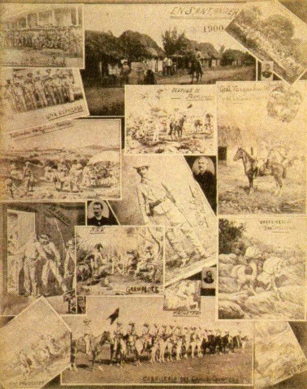 ANONIMO.
Mosaico de dibujos y fotografías
relativos a las acciones de la guerra en Santander.
1900.
Copia en albúmina. 13.2 x 10.5 cm.
Propiedad Antonio Castañeda, Bogotá.